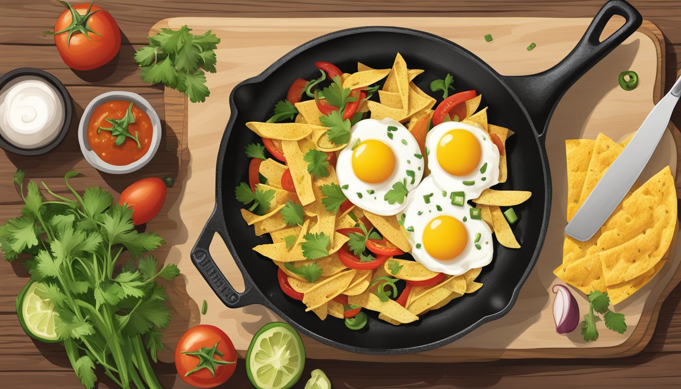 A cast iron skillet sizzling with tortilla strips, eggs, and salsa, surrounded by a wooden cutting board with jalapenos, onions, and cilantro