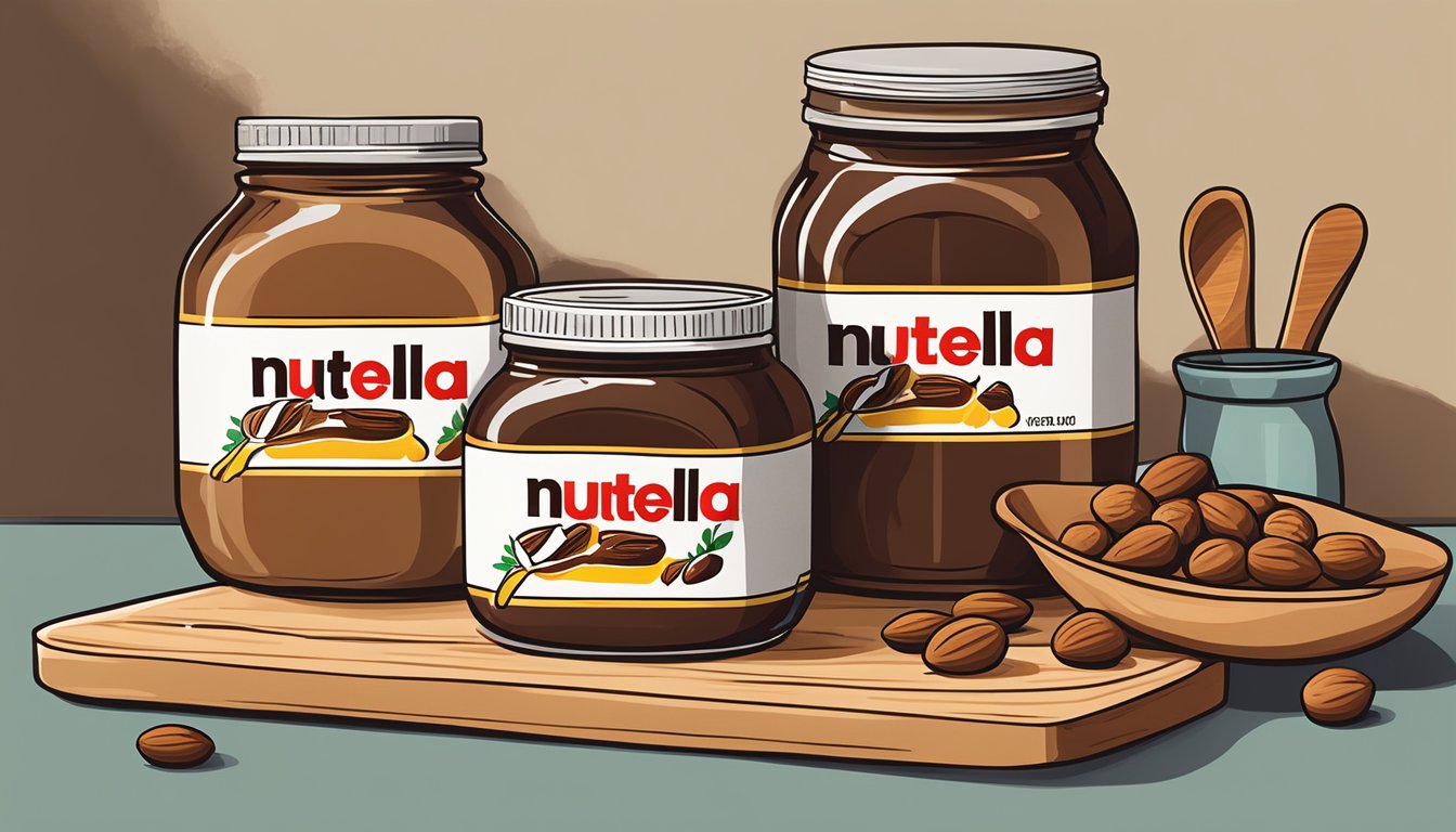 A rustic kitchen counter displays a jar of homemade Nutella surrounded by jars of locally sourced nuts and honey. A wooden spoon and mixing bowl sit nearby, ready for preparation