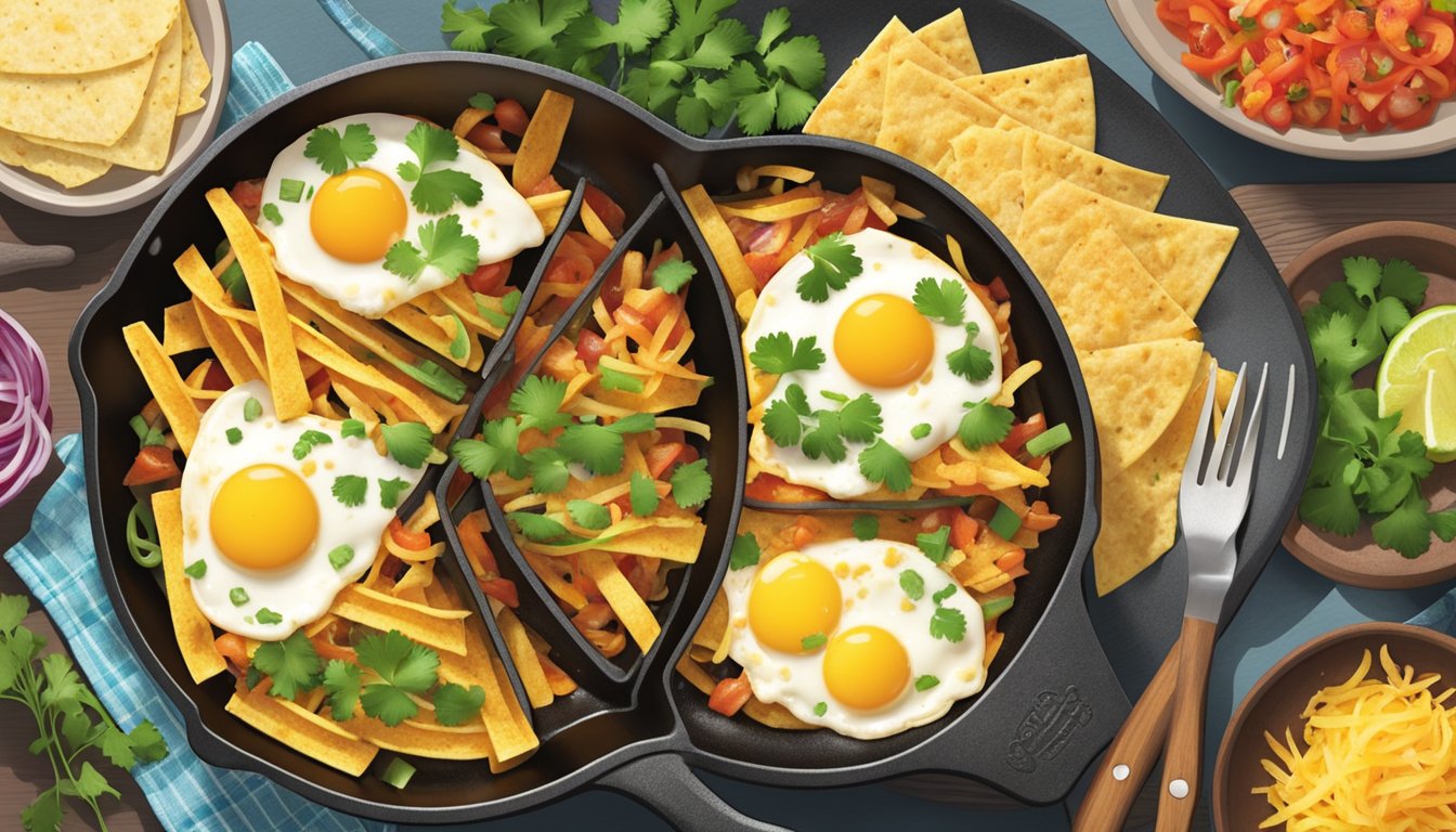 A cast iron skillet sizzling with tortilla strips, salsa, and eggs, surrounded by colorful bowls of chopped onions, cilantro, and shredded cheese