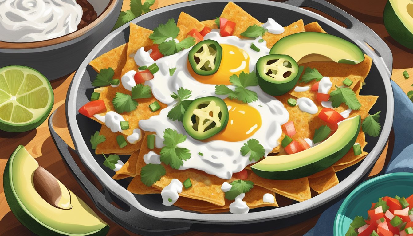 A steaming skillet of chilaquiles topped with melted cheese, fresh salsa, and a dollop of sour cream, surrounded by a colorful array of sliced avocado, jalapenos, and cilantro