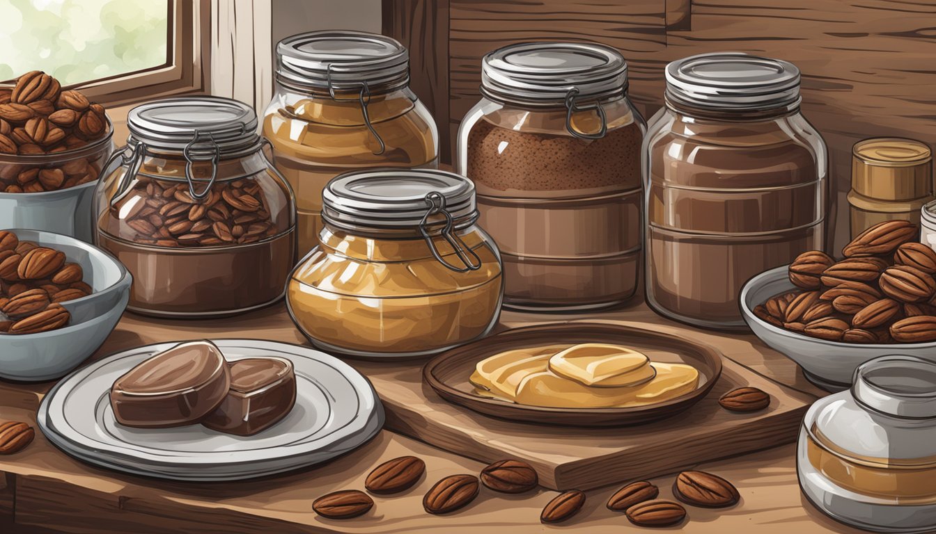 A rustic kitchen with jars of freshly made nutella, surrounded by jars of locally sourced ingredients like pecans, cocoa, and honey