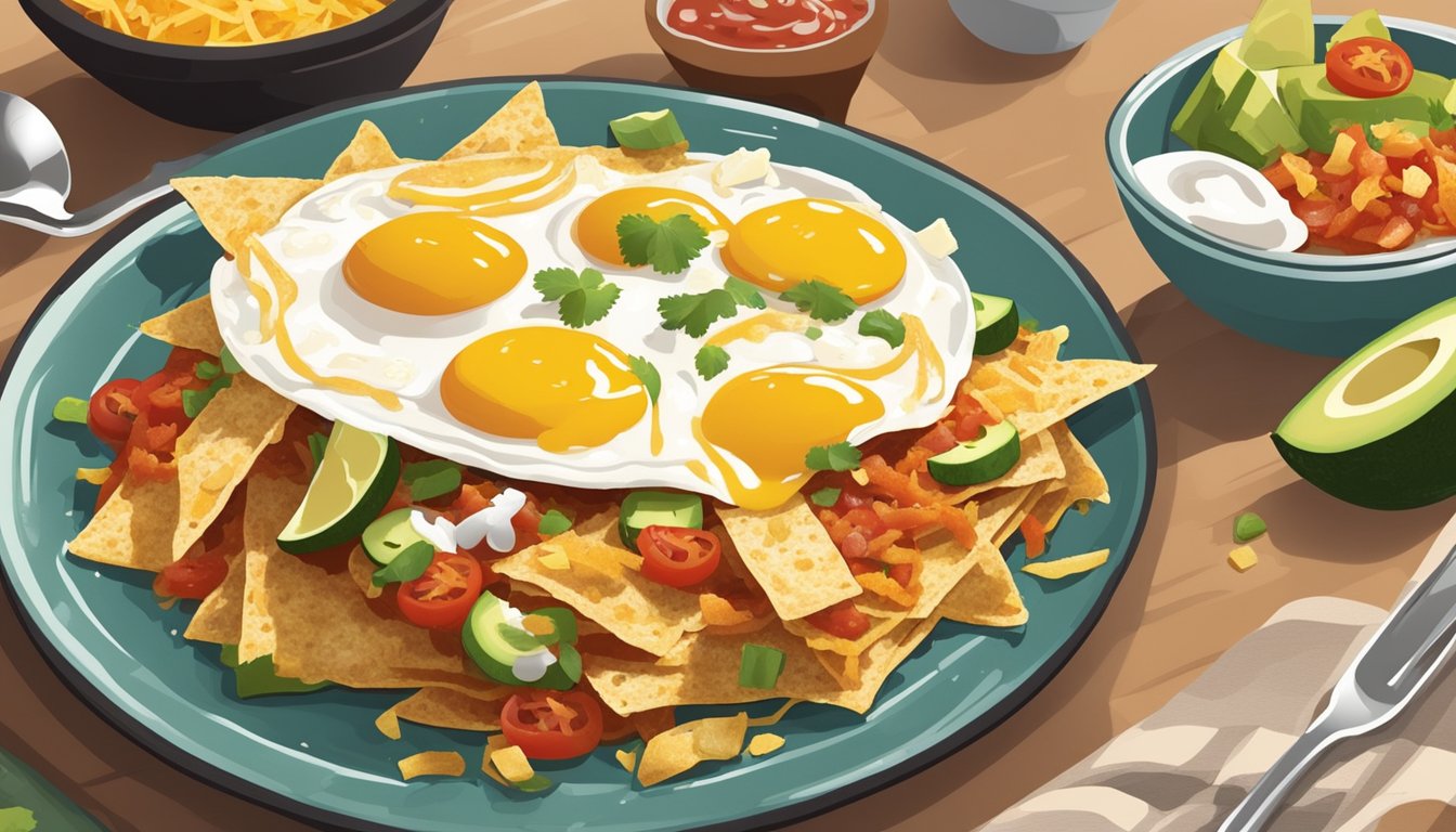 A colorful plate of Texas-style chilaquiles topped with eggs, salsa, cheese, and crispy tortilla strips, served alongside refried beans and fresh avocado slices