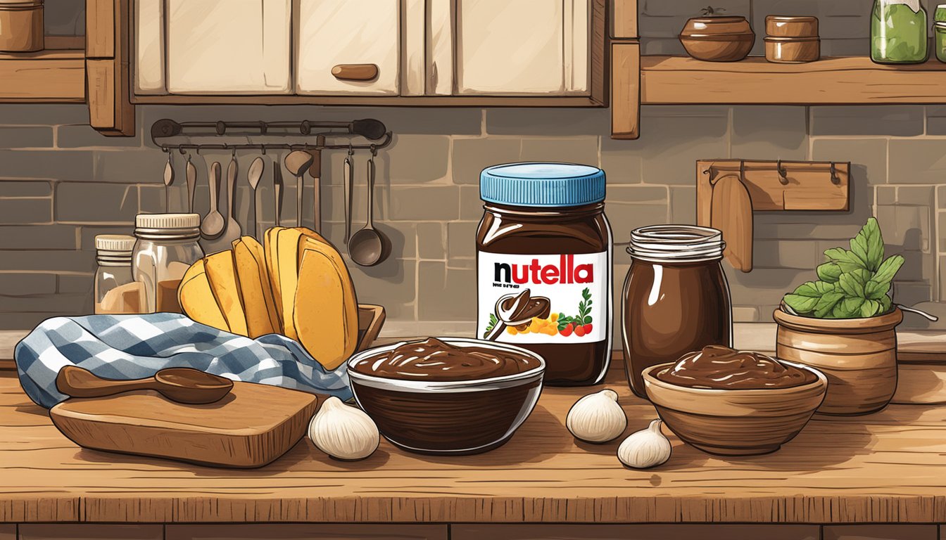 A rustic kitchen counter with jars of local ingredients and a bowl of freshly made Texas-style Nutella spread, surrounded by Texas-themed decor