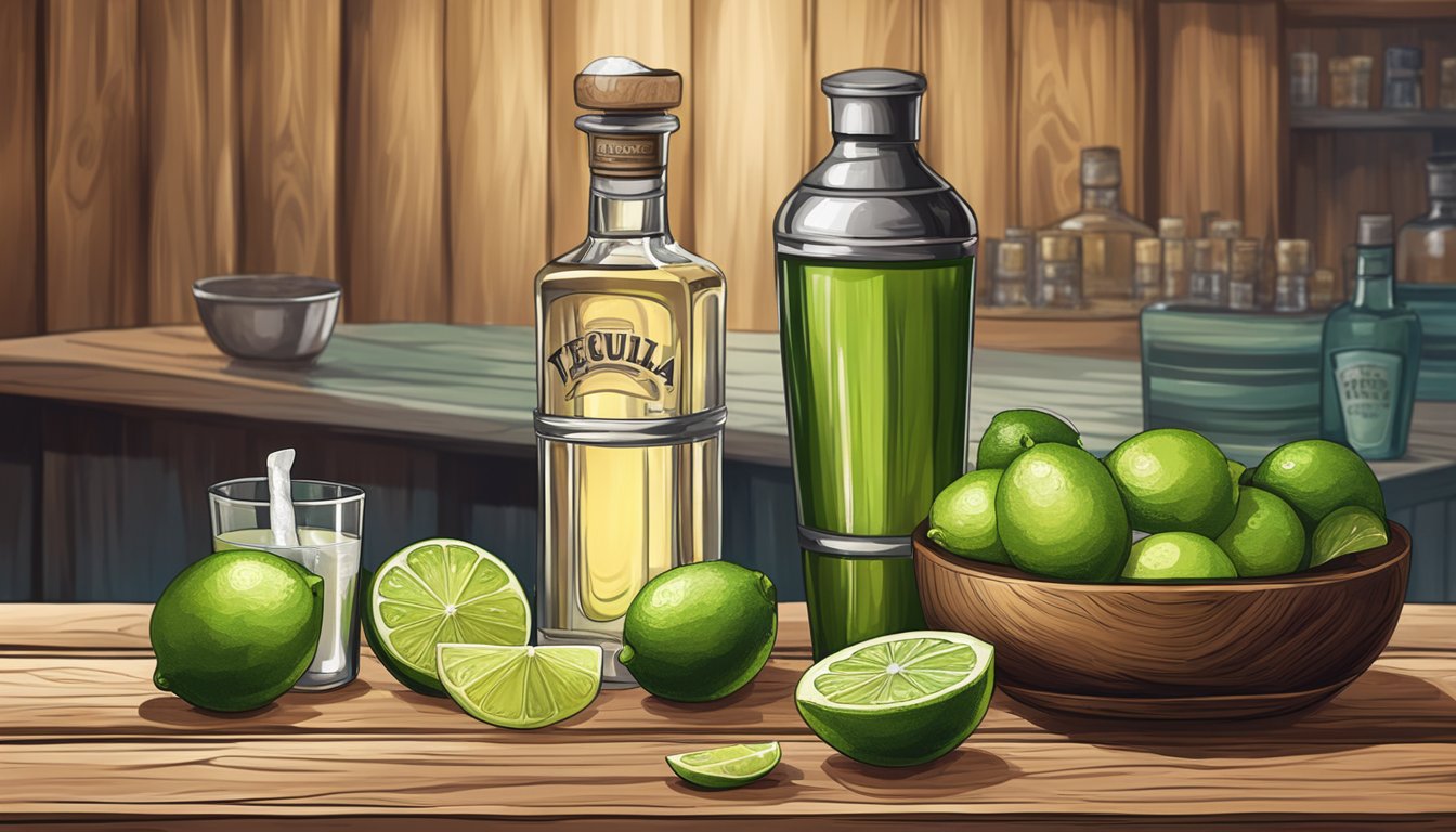 A rustic bar setting with a wooden countertop, a shaker, fresh limes, a bottle of tequila, and a bowl of salt