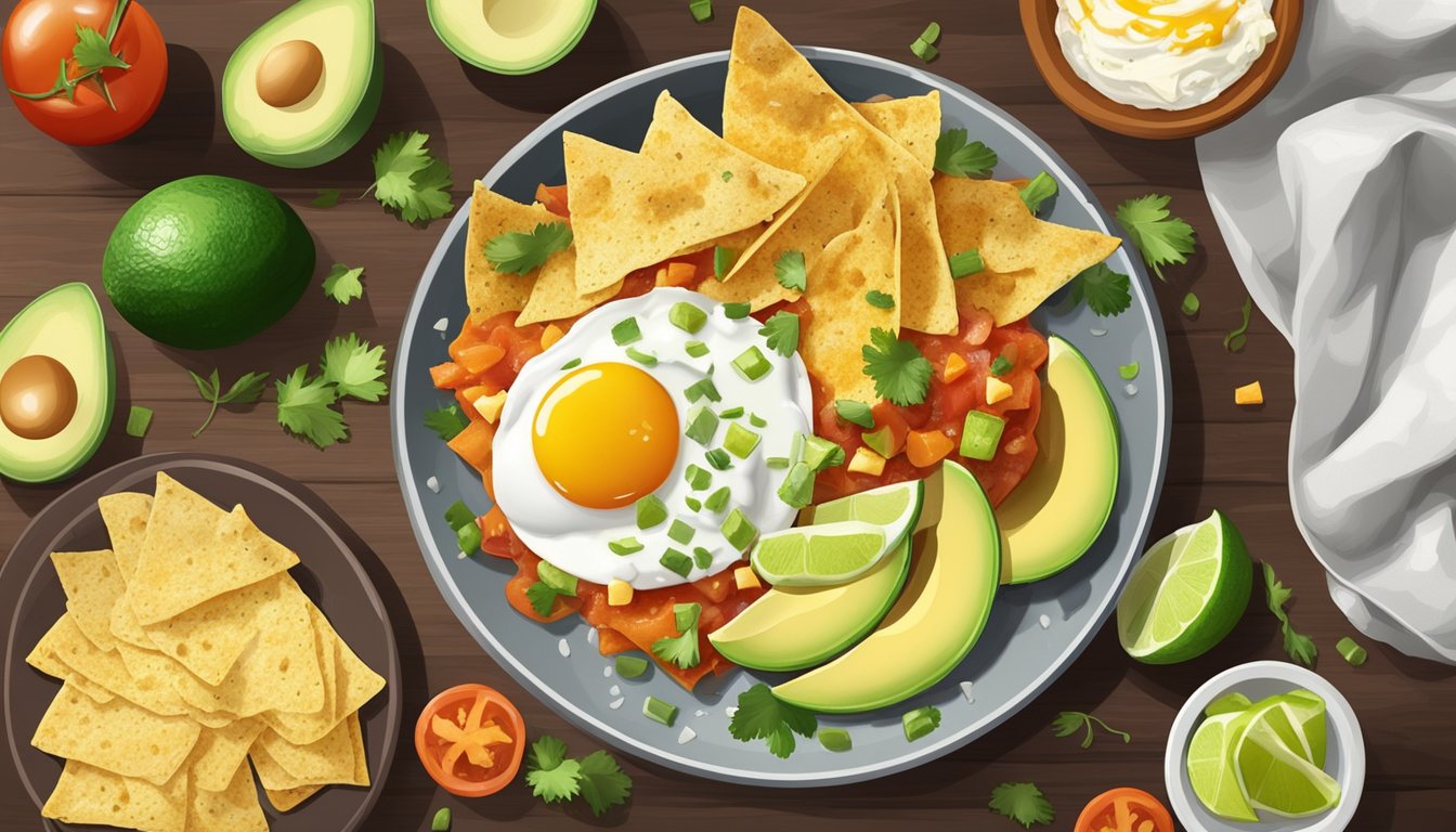 A plate of Texas style chilaquiles surrounded by ingredients like tortilla chips, eggs, salsa, and cheese, with a side of fresh avocado and lime