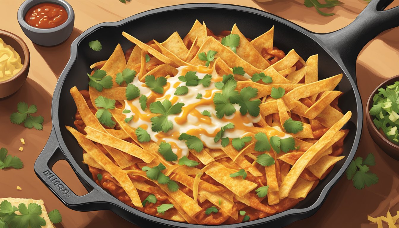 A cast iron skillet sizzling with fried tortilla strips, simmering in spicy red chile sauce, topped with melted cheese and fresh cilantro