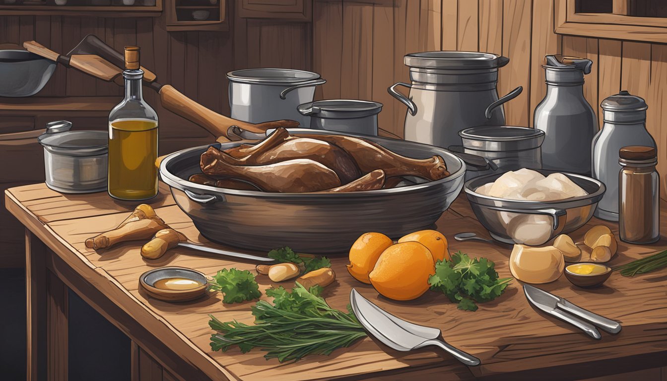 A chef preparing confit duck legs in a rustic Texas kitchen. Ingredients and utensils are laid out on a wooden table