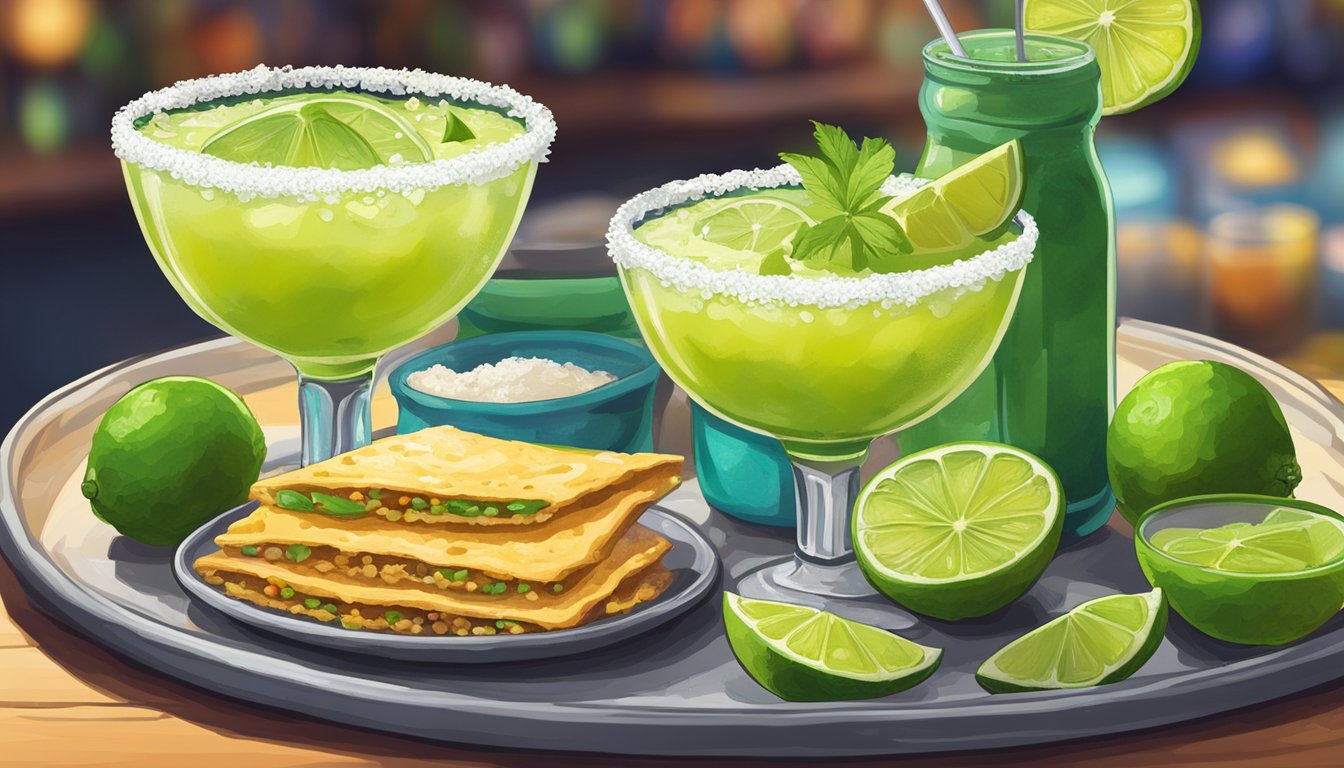 A classic margarita sits next to a plate of Tex-Mex cuisine, surrounded by vibrant ingredients like limes, salt, and tequila