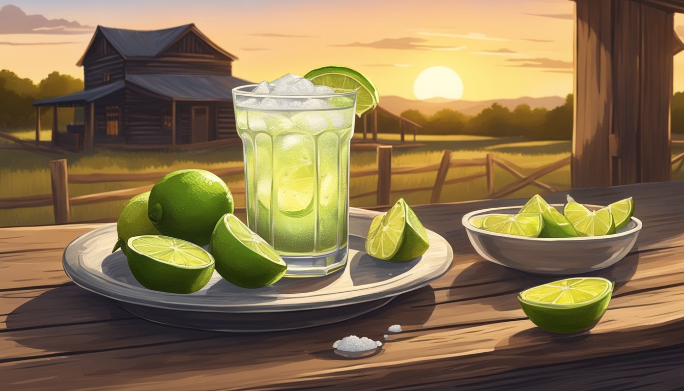 A rustic wooden bar with a classic margarita, a bowl of fresh limes, and a plate of salt on a Texas ranch at golden hour