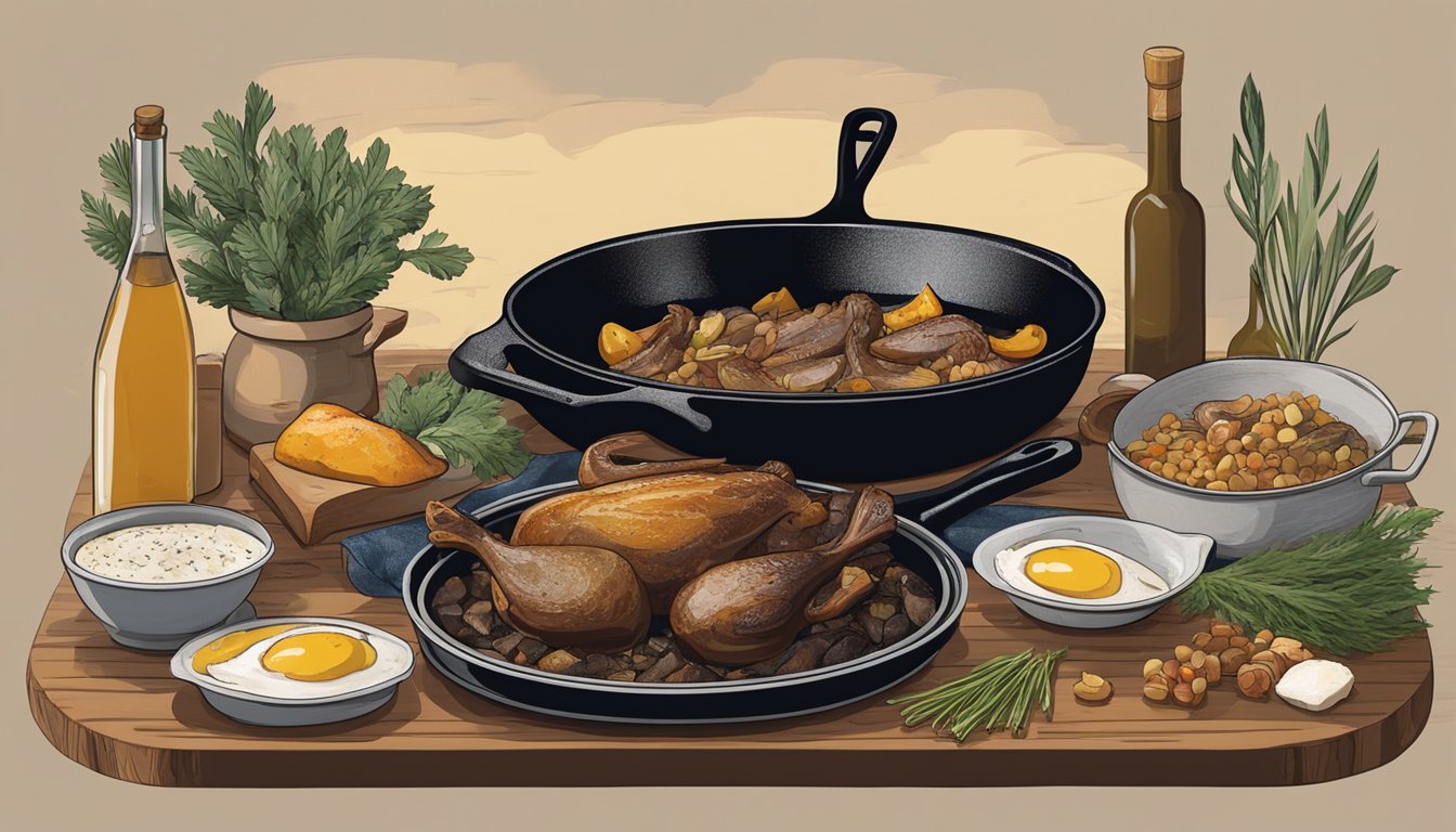 A rustic kitchen with a cast iron skillet sizzling with confit duck legs, surrounded by Texas-style finishing ingredients