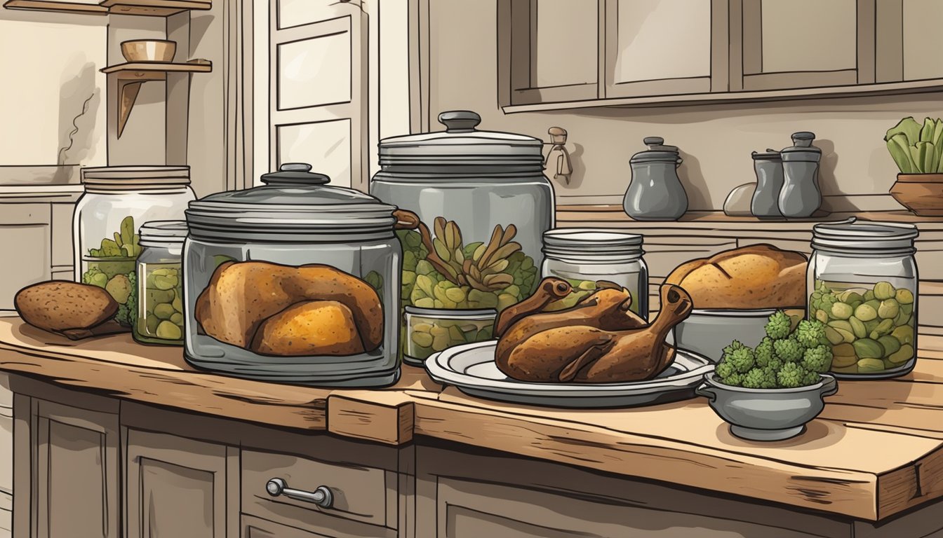 A rustic kitchen counter with a cast iron pot filled with succulent confit duck legs, alongside jars of homemade pickles and a loaf of crusty bread