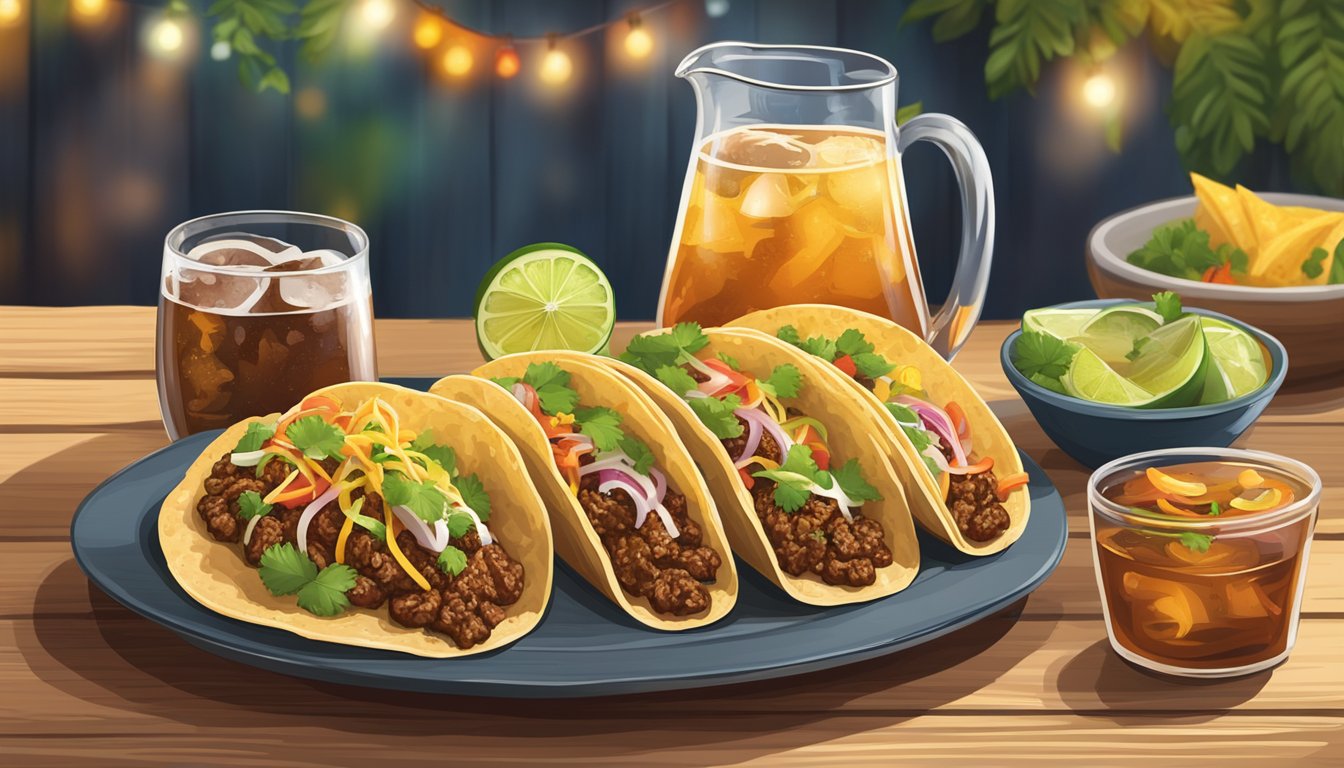 A rustic wooden table set with a platter of loaded ground beef tacos, surrounded by vibrant garnishes and accompanied by a pitcher of refreshing iced tea