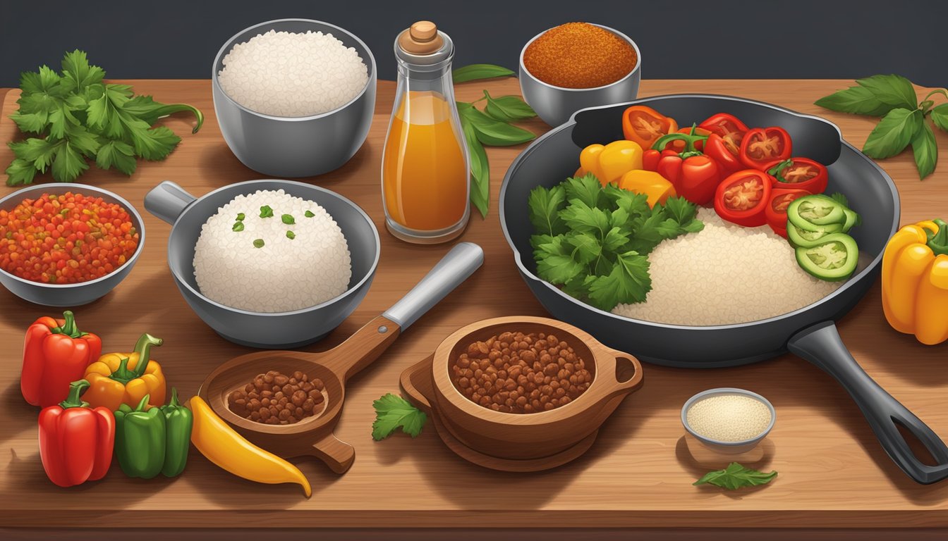 A wooden cutting board with a variety of ingredients including ground beef, rice, diced tomatoes, and bell peppers. Bowls of spices and a skillet on a stovetop