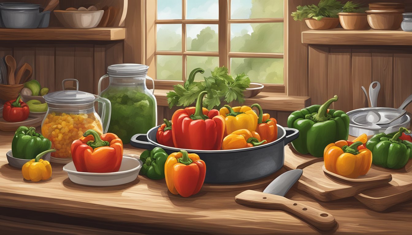 A rustic kitchen with a Texas flair, showcasing the process of making stuffed bell peppers with all the necessary ingredients and utensils