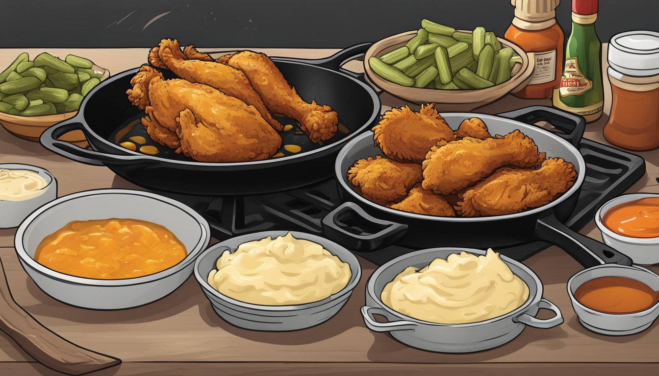 A cast iron skillet sizzling with golden brown fried chicken, surrounded by hot sauce, pickles, and a side of creamy mashed potatoes