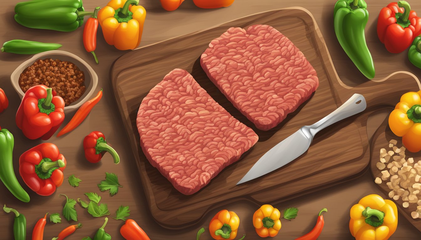 A wooden cutting board with halved bell peppers, a bowl of seasoned ground beef, and a spoon for stuffing