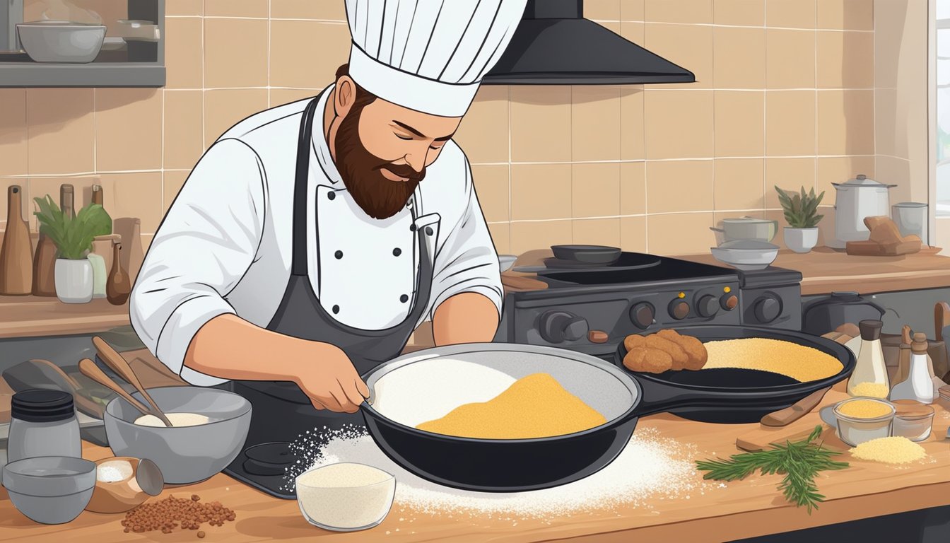 A chef mixing flour, spices, and buttermilk in a large bowl, ready to coat the chicken pieces before frying. Oil sizzling in a cast iron skillet on a stovetop