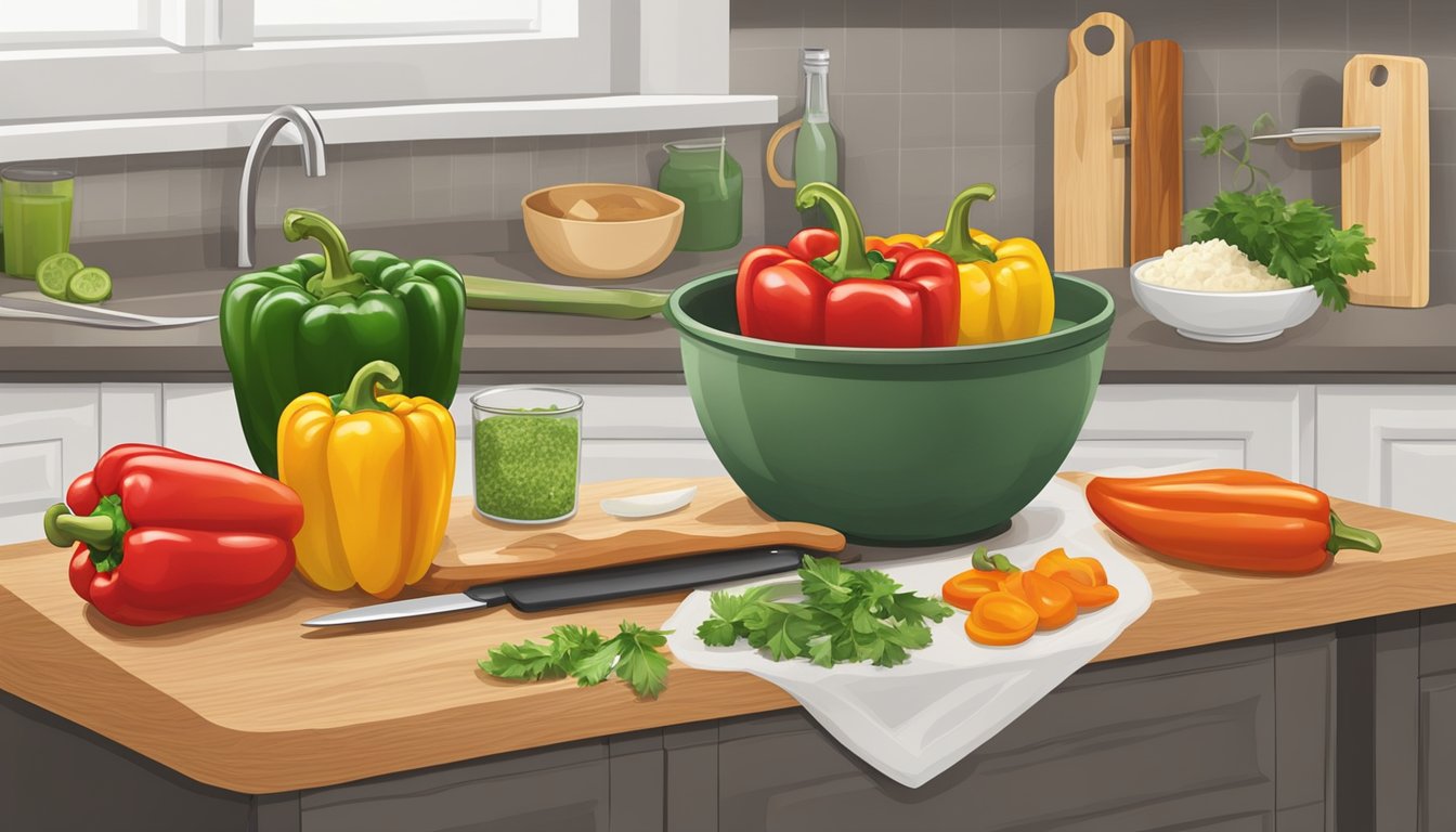 A kitchen counter with a cutting board, knife, mixing bowl, and ingredients for making stuffed bell peppers