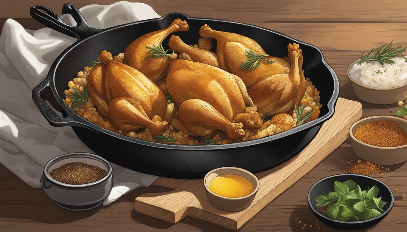 A cast iron skillet sizzling with golden-brown chicken, surrounded by bubbling oil and a cloud of aromatic spices