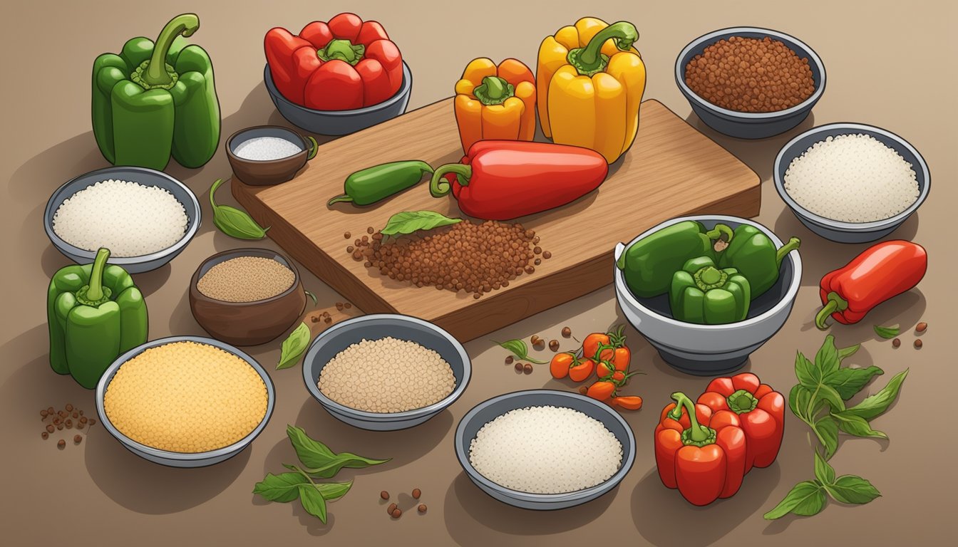 A kitchen counter with fresh bell peppers, ground beef, rice, and various spices laid out for making stuffed bell peppers