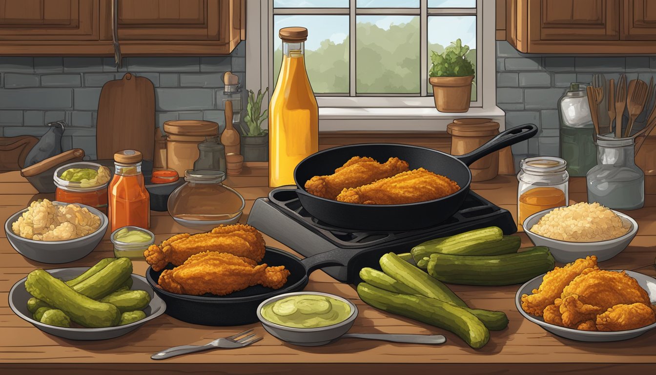 A rustic Texas kitchen with a cast iron skillet sizzling with golden fried chicken, surrounded by jars of pickles and hot sauce