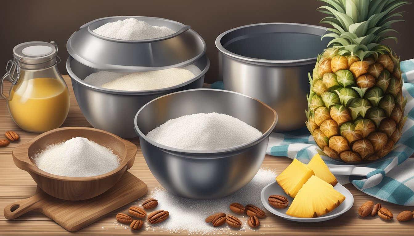 A rustic kitchen scene with a mixing bowl filled with pineapple and pecans, surrounded by flour, sugar, and other baking ingredients