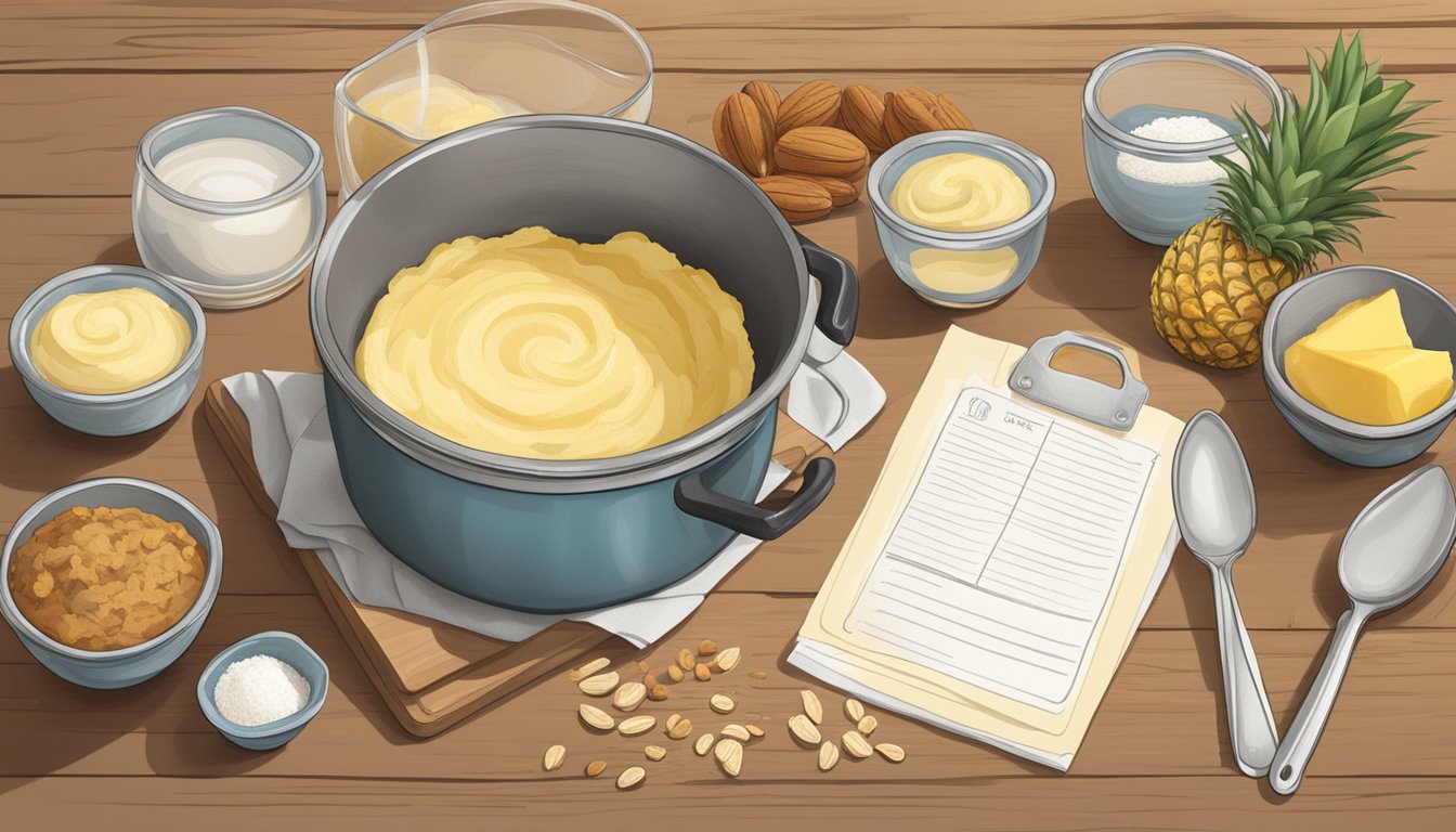 A rustic kitchen with a mixing bowl of pineapple pecan cake batter, surrounded by ingredients and a recipe card