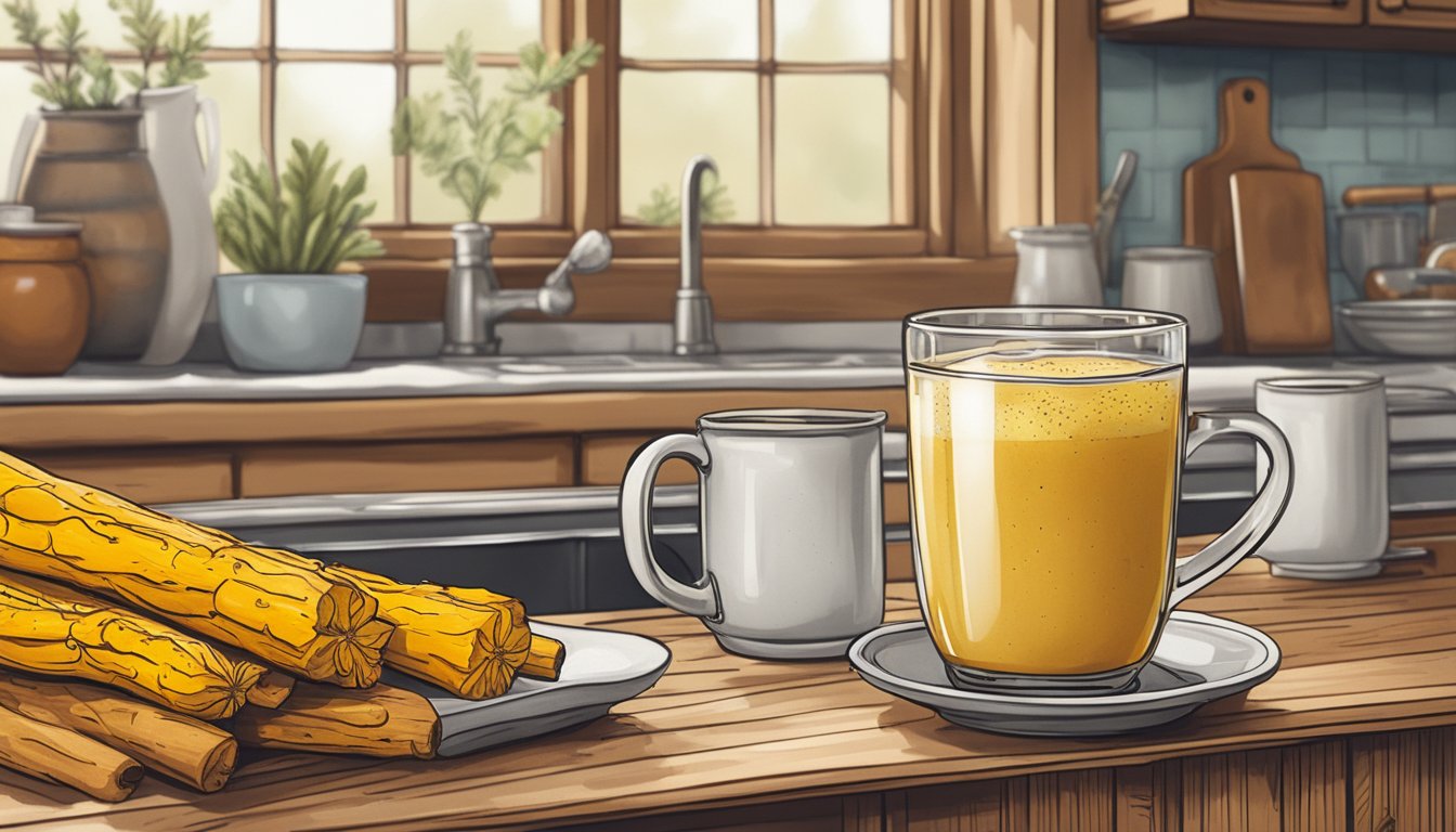 A rustic kitchen counter with a steaming mug of turmeric latte, surrounded by fresh turmeric root, cinnamon sticks, and a vintage Texas-themed mug