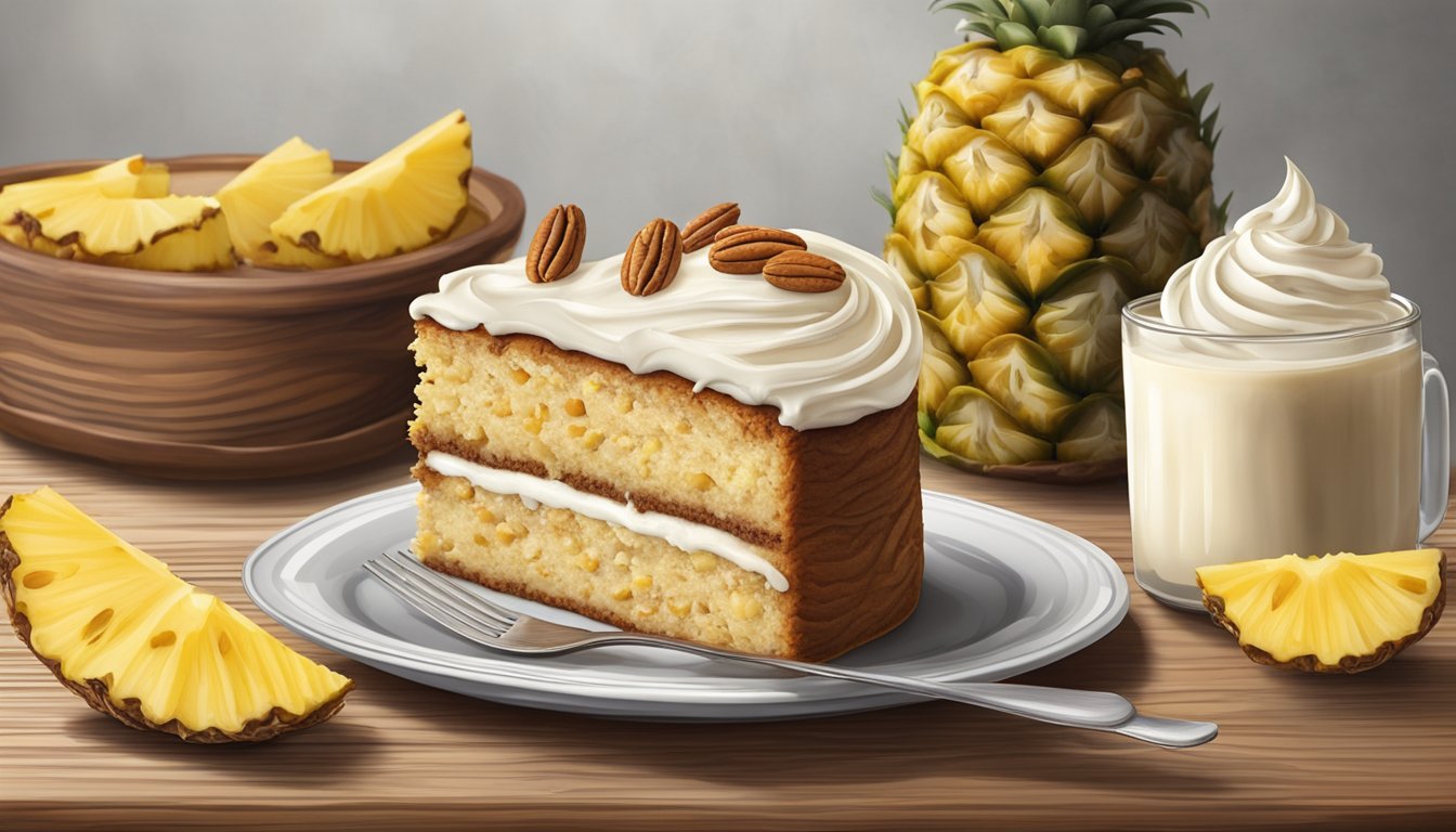 A rustic wooden table with a freshly baked pineapple pecan cake topped with creamy, swirled Texas-style cream cheese frosting