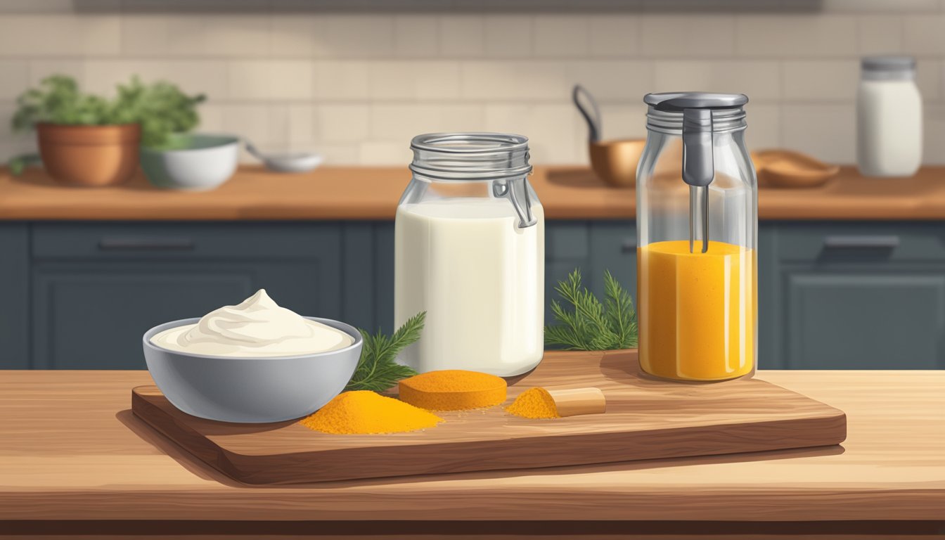 A rustic kitchen counter with a wooden cutting board, a jar of turmeric, a milk frother, and a small pot of simmering milk