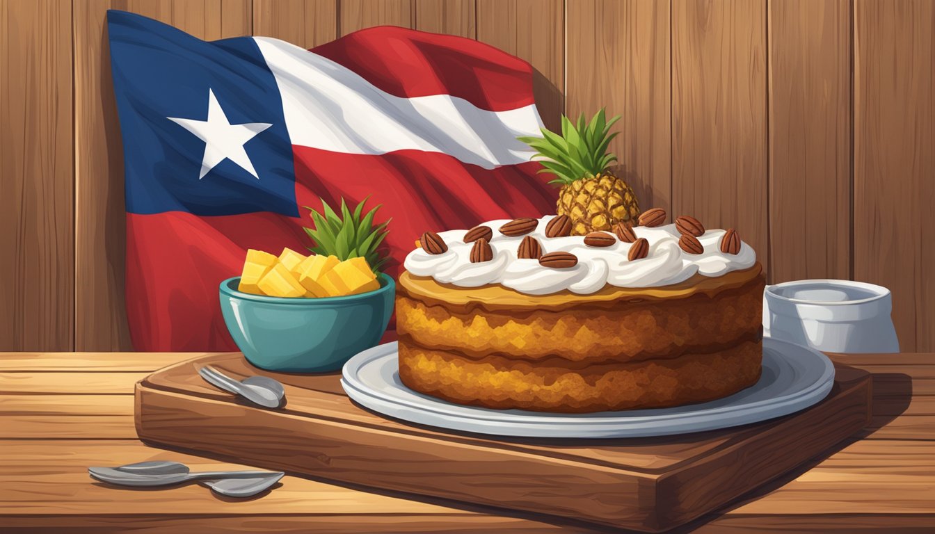 A rustic kitchen with a Texas flag hanging on the wall, showcasing a freshly baked pineapple pecan cake on a wooden serving platter