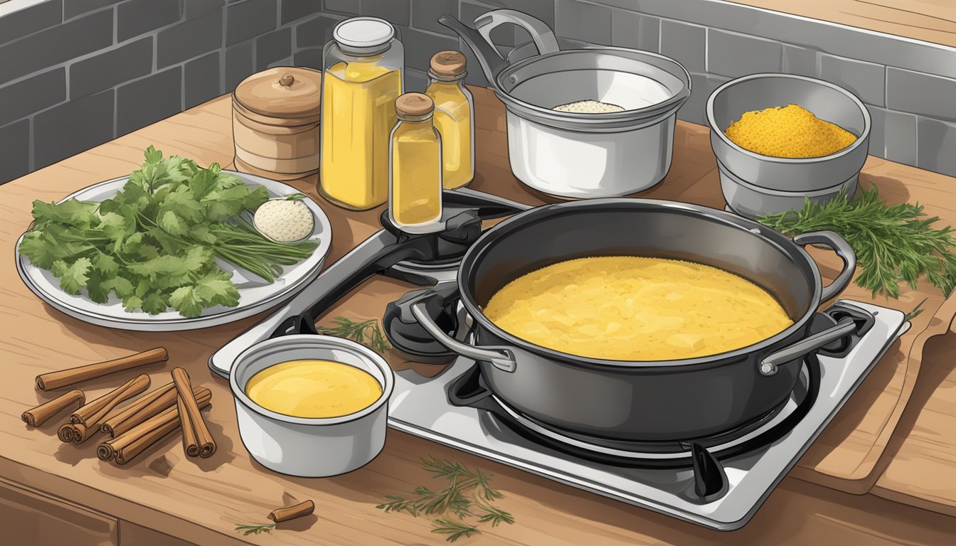 A Texas kitchen with a pot on a stove, filled with melted butter. Ingredients like spices and herbs are laid out on the counter