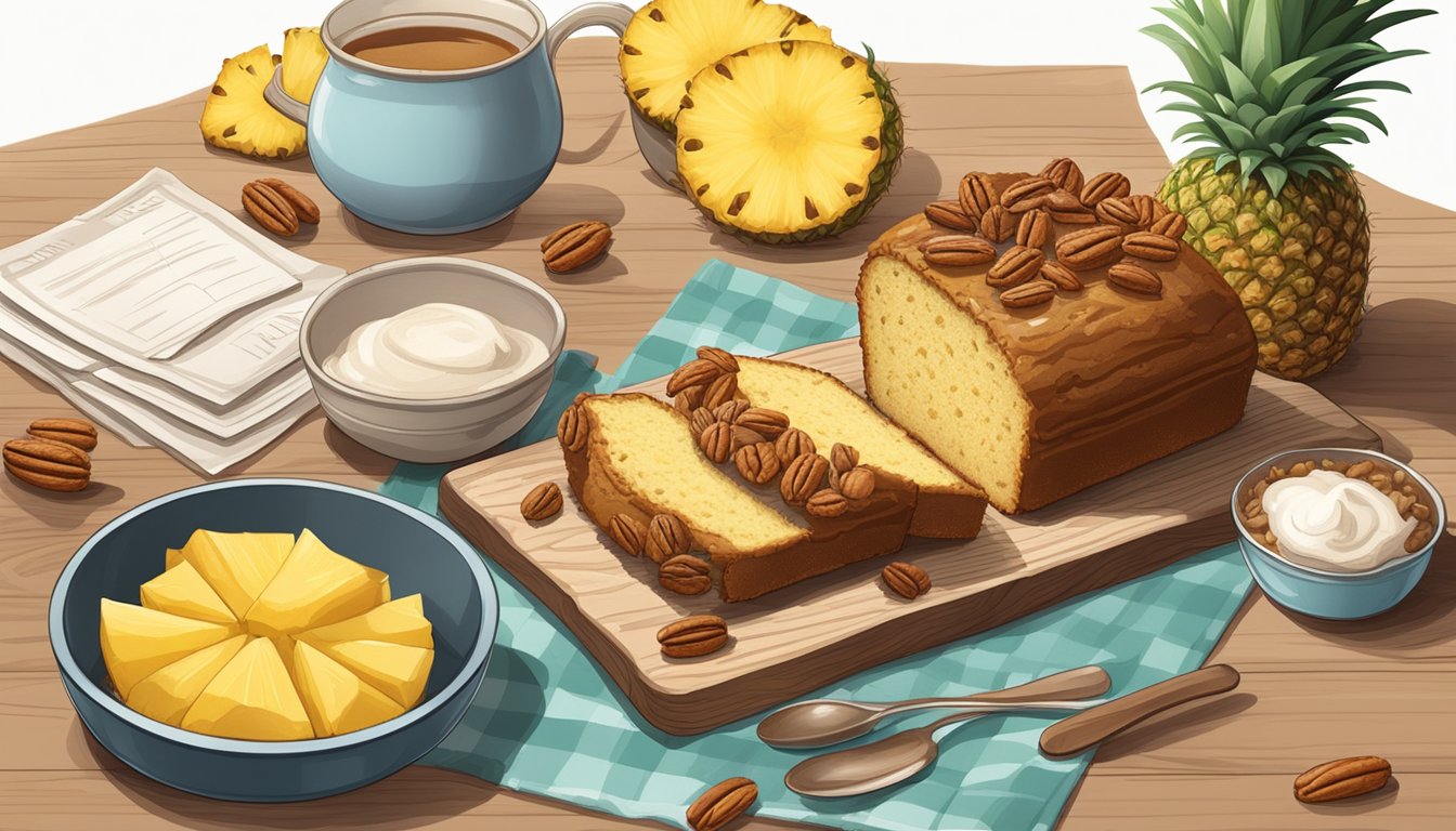 A rustic wooden table with a freshly baked pineapple pecan cake, surrounded by ingredients like pineapples, pecans, and a recipe card