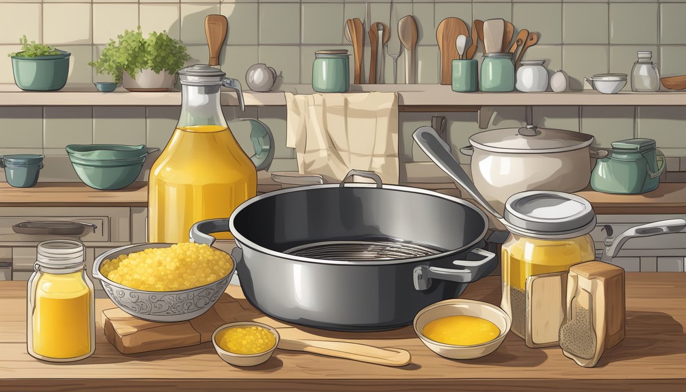 A Texas-style kitchen with a pot simmering ghee, surrounded by ingredients and utensils for making homemade ghee