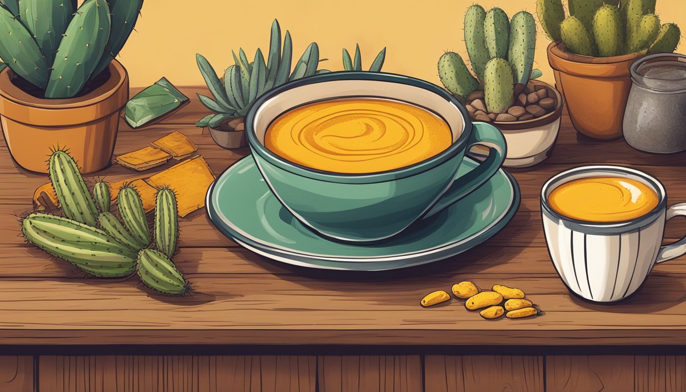 A rustic wooden table with a steaming mug of turmeric latte surrounded by Texan-inspired decor and ingredients like chili peppers and cacti