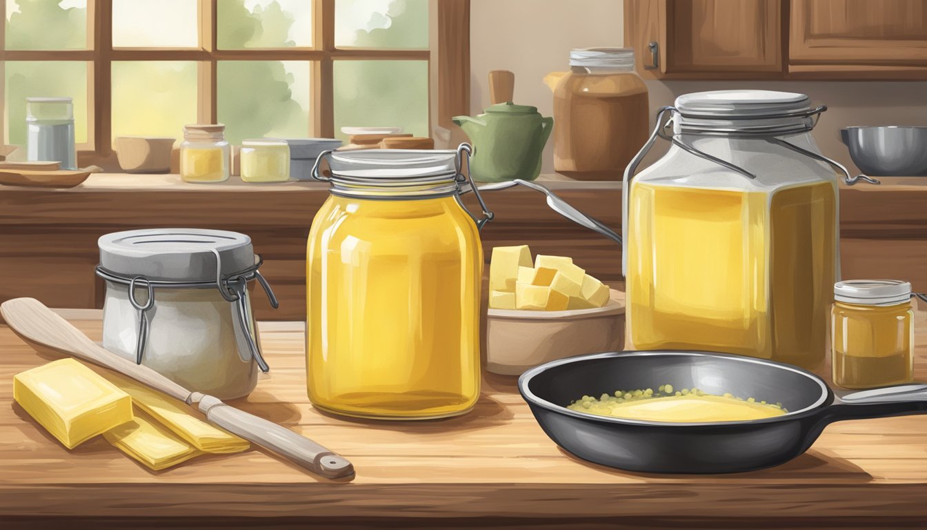 A rustic kitchen with ingredients for homemade ghee, including a jar of clarified butter, a skillet, and a Texas-style recipe book