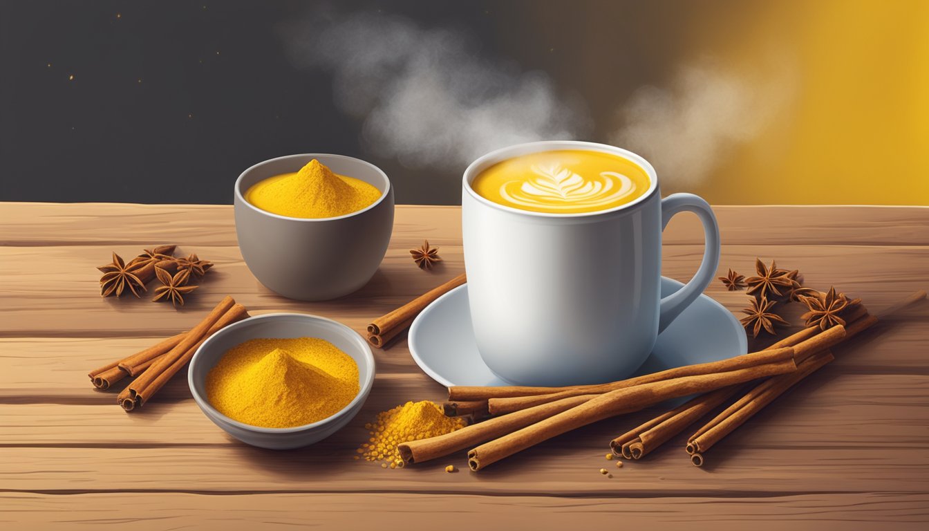 A steaming mug of turmeric latte sits on a rustic wooden table, surrounded by vibrant yellow turmeric roots and a scattering of cinnamon sticks