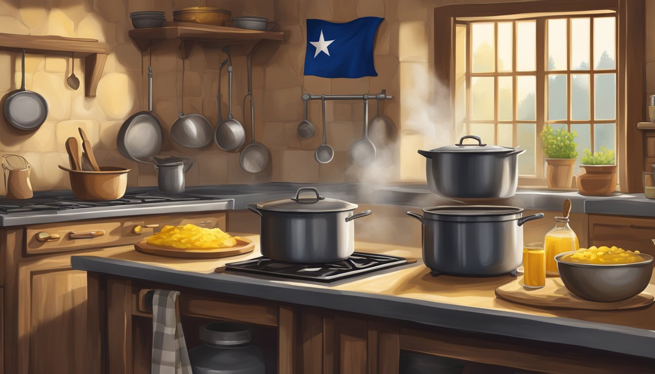 A rustic kitchen with a large pot simmering on a stove, filled with melted butter slowly turning into golden ghee. A Texas flag hangs on the wall