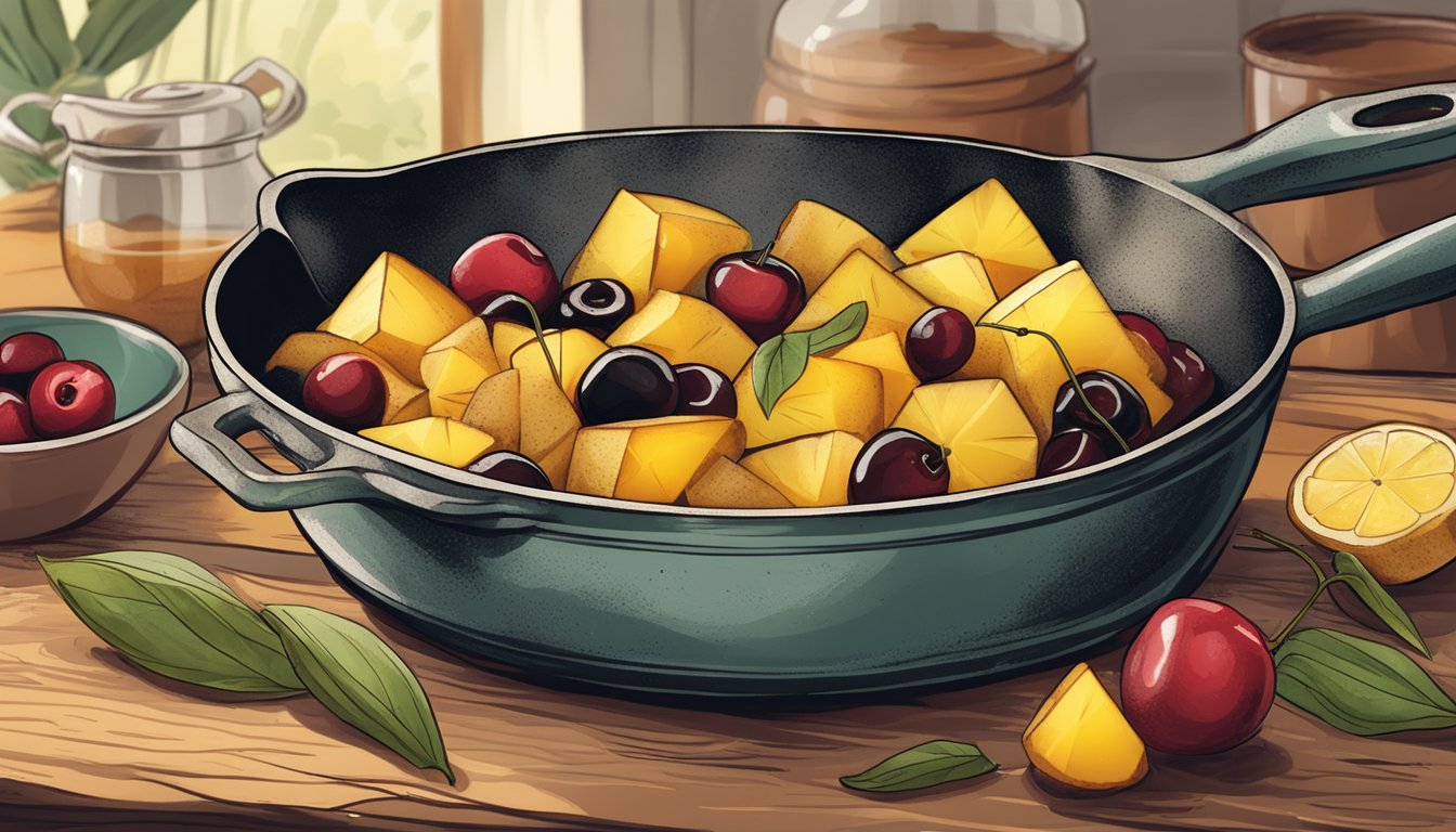 A rustic kitchen with a vintage cast iron skillet filled with caramelized pineapple slices and cherries, surrounded by ingredients and a handwritten recipe card