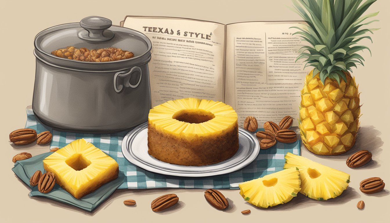 A rustic kitchen counter with a spread of fresh pineapple, brown sugar, and pecans, alongside a vintage recipe book open to a page titled "Texas Style Pineapple Upside Down Cake."