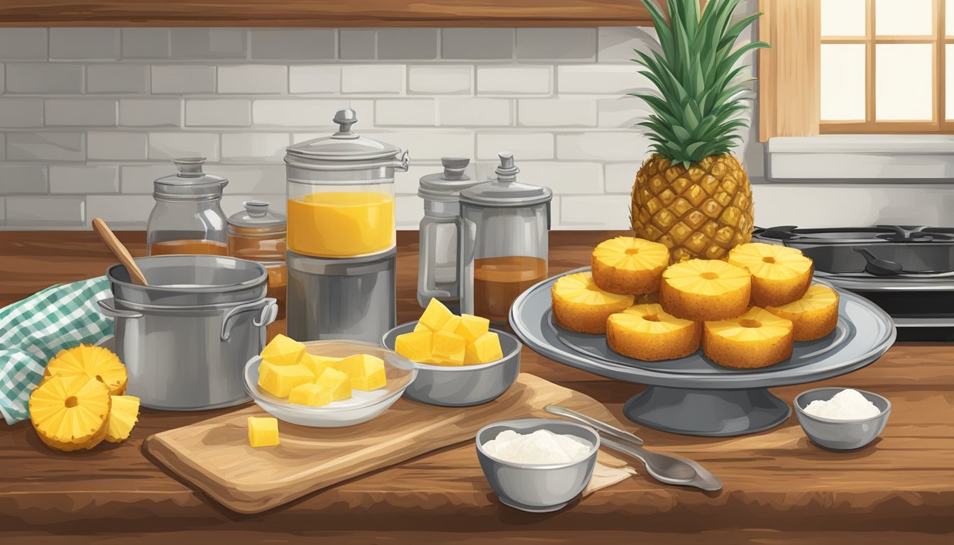 A rustic kitchen counter with ingredients and utensils for making a Texas-style pineapple upside-down cake