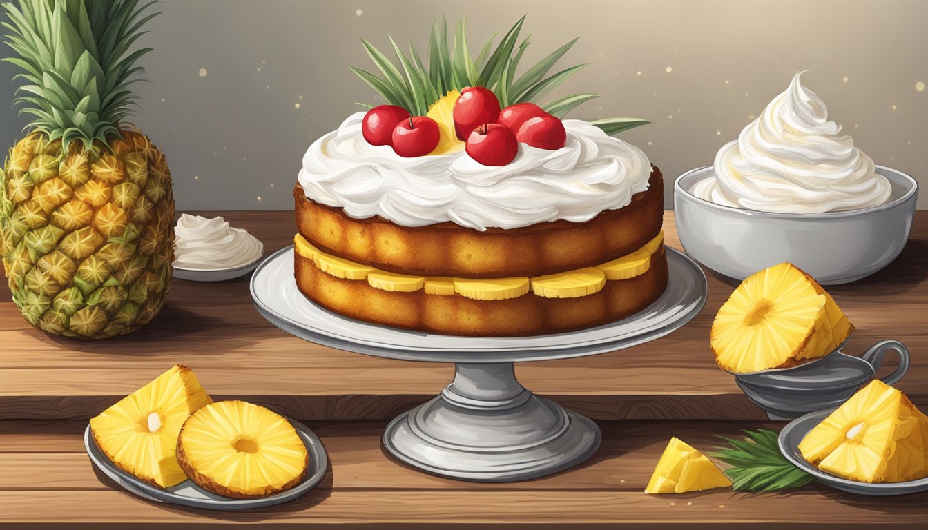 A rustic wooden table with a freshly baked pineapple upside down cake, surrounded by sliced pineapples and a dollop of whipped cream