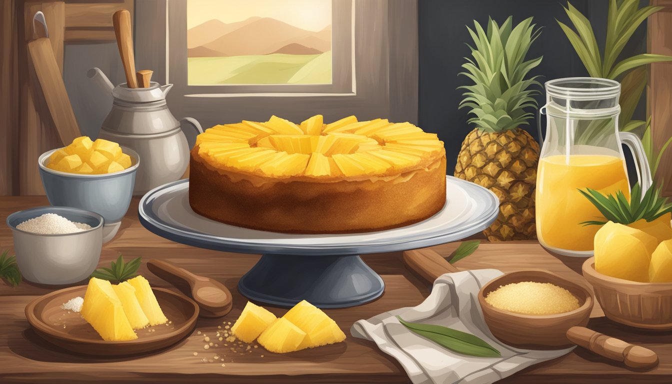 A rustic kitchen scene with a freshly baked pineapple upside down cake surrounded by ingredients such as pineapple, brown sugar, and flour