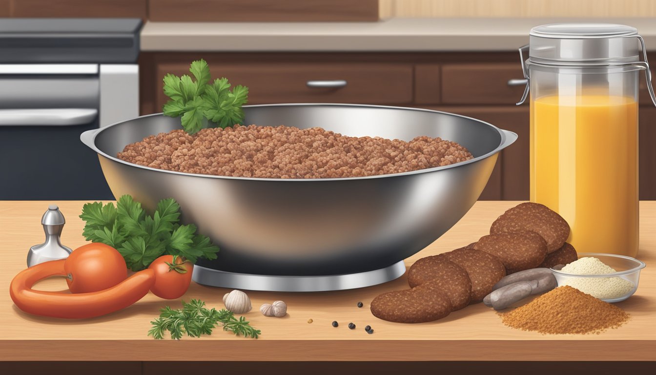 A kitchen counter with a mixing bowl, bisquick, ground sausage, and spices