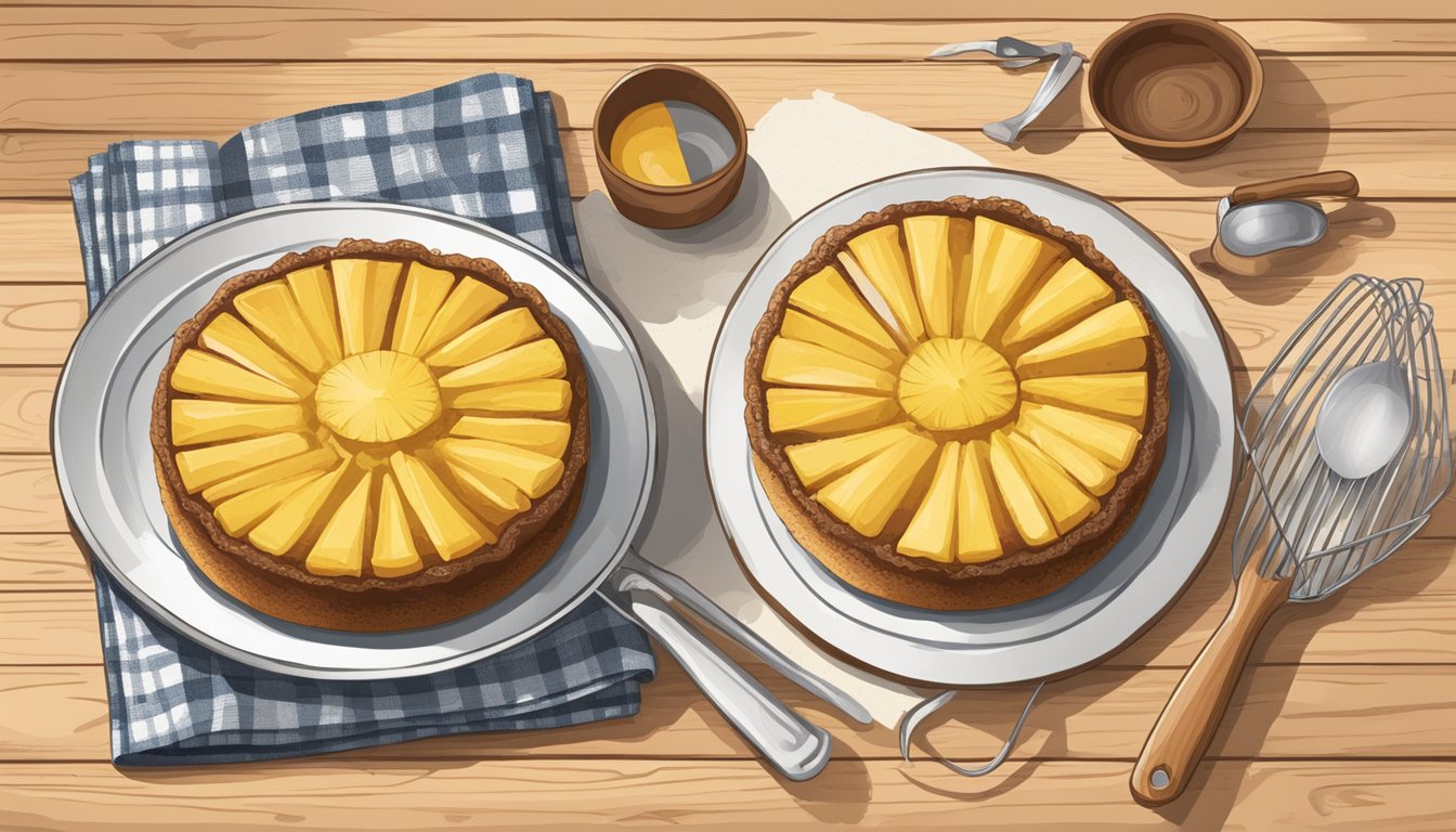 A rustic kitchen with a vintage recipe book open to a page titled "Texas Style Pineapple Upside Down Cake." Fresh ingredients and baking tools scattered on a wooden countertop