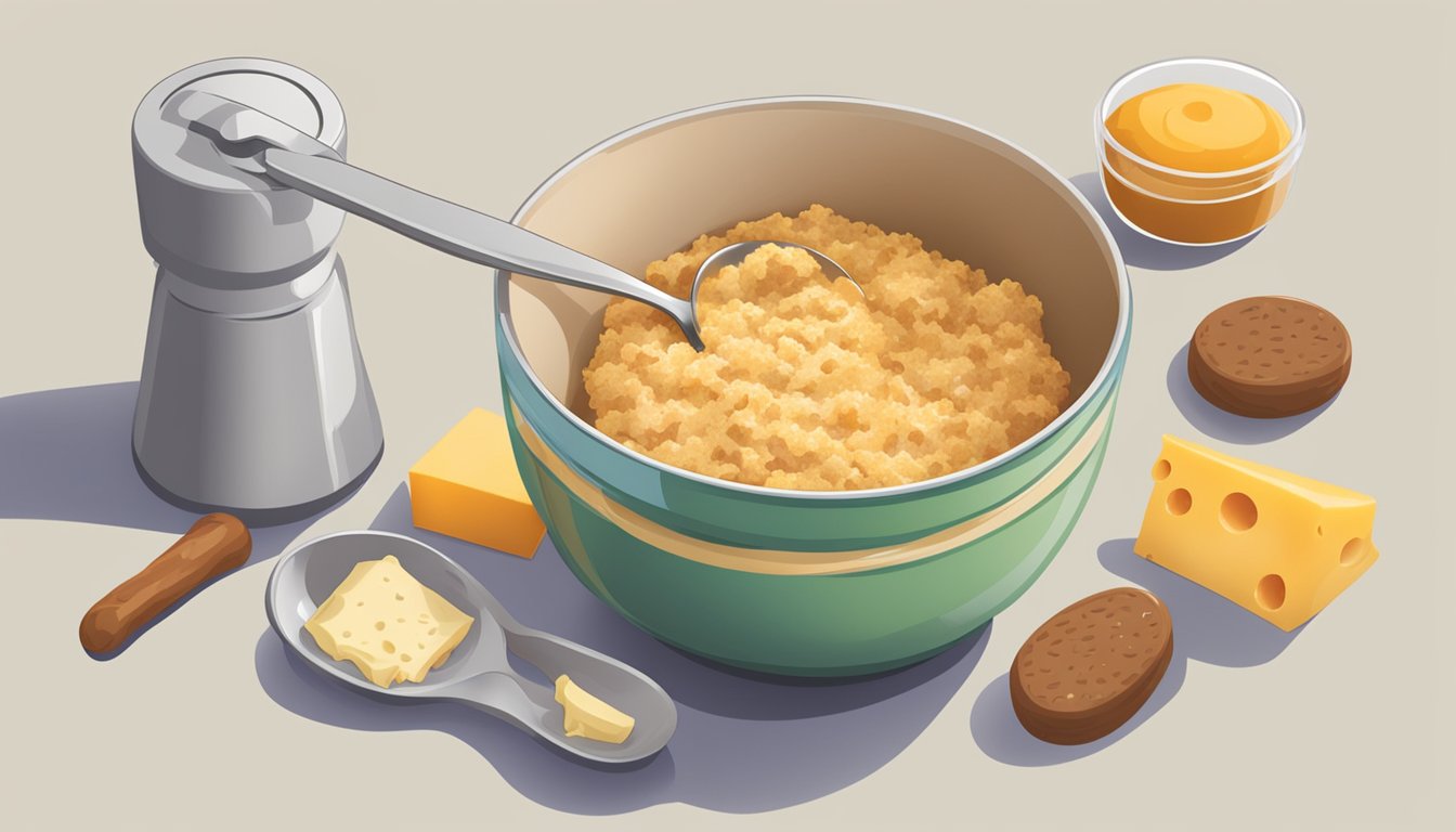 A mixing bowl filled with bisquick, sausage, and cheese. A spoon mixes the ingredients together