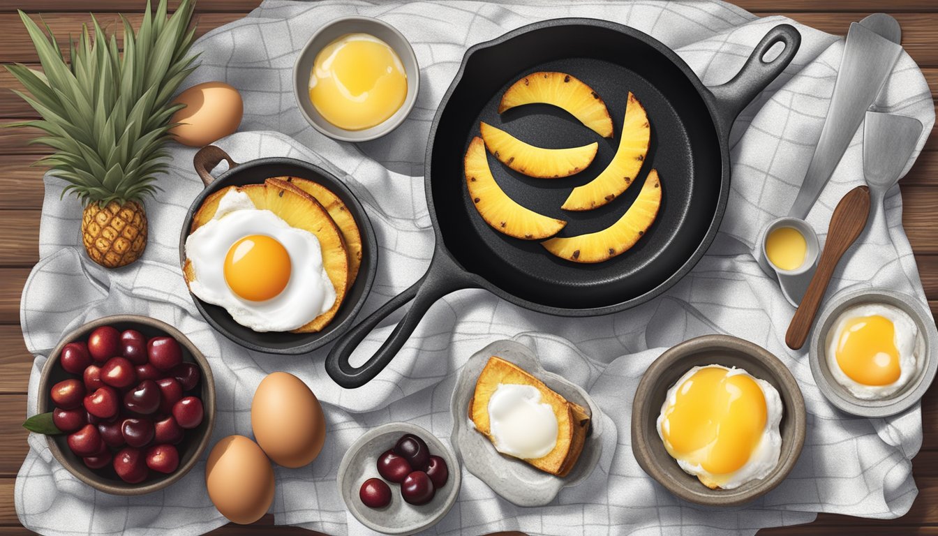 A rustic kitchen with a vintage cast iron skillet filled with caramelized pineapple slices and cherries, surrounded by bowls of flour, sugar, and eggs