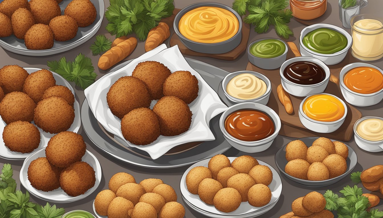 A platter of golden brown bisquick sausage balls surrounded by a variety of dipping sauces and garnished with fresh herbs