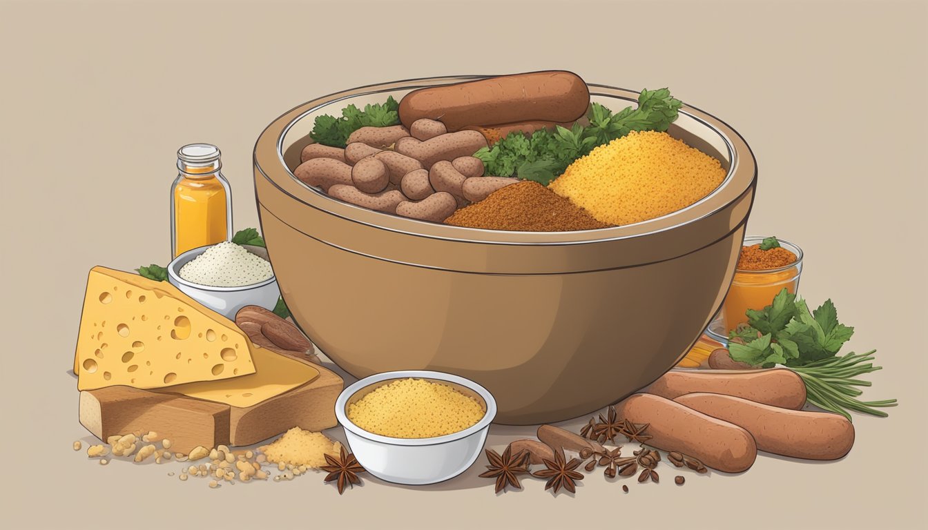 A mixing bowl filled with bisquick, sausage, and cheese, surrounded by a variety of spices and seasonings