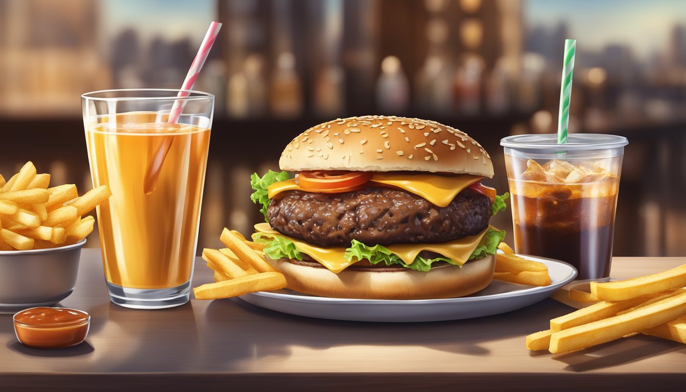 A juicy cheeseburger with a dollop of homemade sauce, surrounded by a pile of golden fries and a cold drink on the side